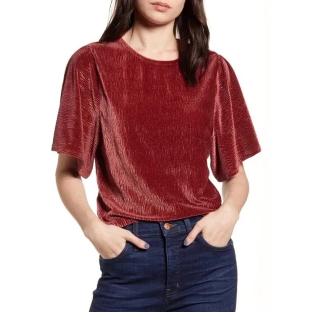 Madewell Texture & Thread Crinkle Velvet Flutter Sleeve Top Dusty Burgundy Med